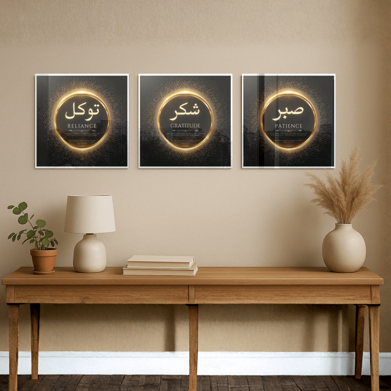 Sabr • Shukr • Tawakkul — The Islamic Serenity Trio (Premium Metallic Wall Art Set)